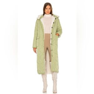 REVOLVE Long Quilted Puffer Coat in Sage Green with Shearling Lining